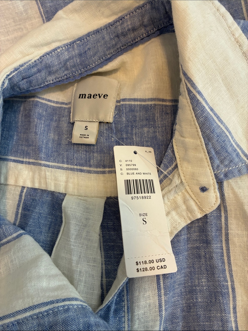 NWT Maeve Bennet Blue White Stripe Linen Cotton Shirt Sz S - Picture 4 of 5